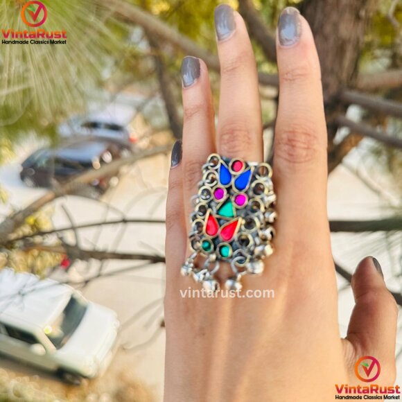 Afghan Multicolor Glass Stones Kuchi Ring, Afghan Statement Ring With Beads, - Picture 6 of 10